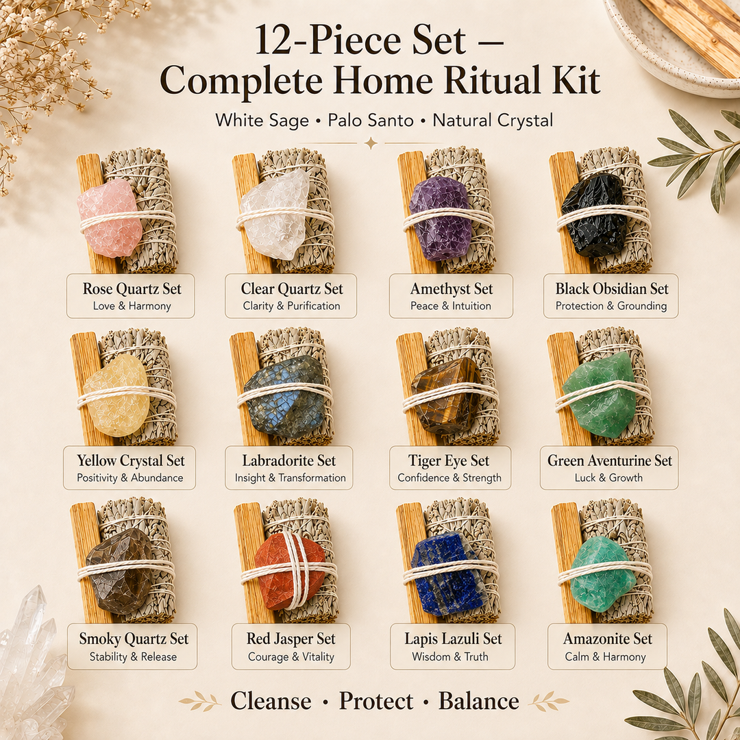 12-piece crystal cleansing set guide featuring White Sage, Palo Santo, and 12 natural crystal sets including Rose Quartz, Clear Quartz, Amethyst, Black Obsidian, Yellow Crystal, Labradorite, Tiger Eye, Green Aventurine, Smoky Quartz, Red Jasper, Lapis Lazuli, and Amazonite.