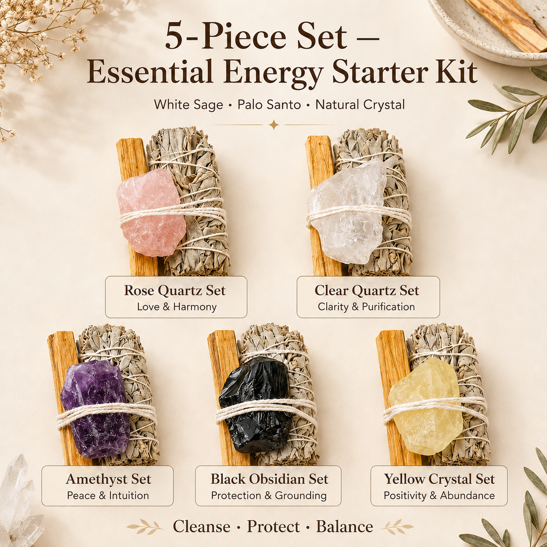 5-Piece Essential Energy Starter Kit featuring white sage, palo santo, and five natural crystal options including rose quartz, clear quartz, amethyst, black obsidian, and yellow crystal for cleansing, protection, balance, and daily ritual decor.