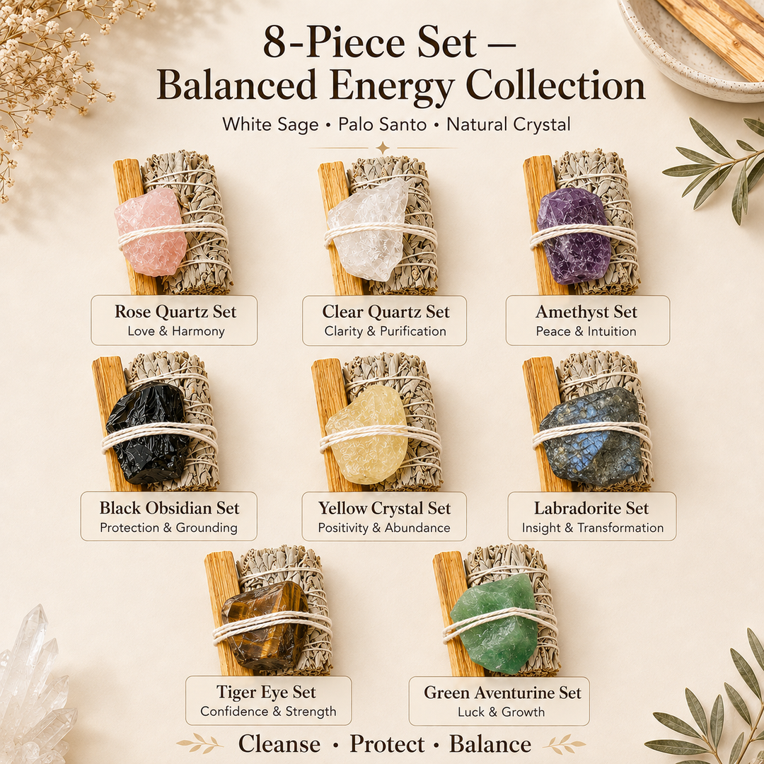 8-piece crystal cleansing kit featuring white sage, palo santo, and natural crystals including rose quartz, clear quartz, amethyst, black obsidian, yellow crystal, labradorite, tiger eye, and green aventurine.