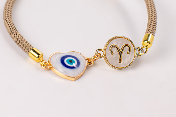 Aries "Cosmic Guide" NFC Bracelet Set - Heart Evil Eye & Shell Zodiac Charm (With 4 Interchangeable Cords)