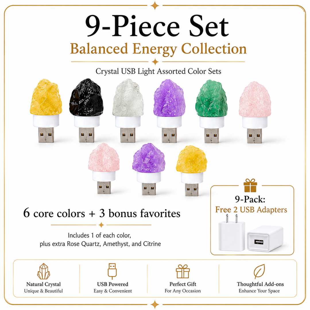 9-piece raw crystal USB glow lamp set with assorted natural crystal colors, including extra rose quartz, amethyst, citrine, and two free USB adapters.