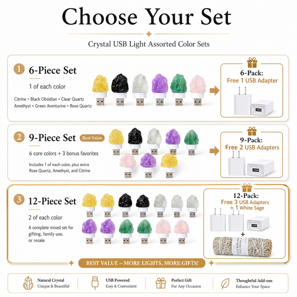 Natural crystal USB night light set options with 6, 9, and 12 piece bundles