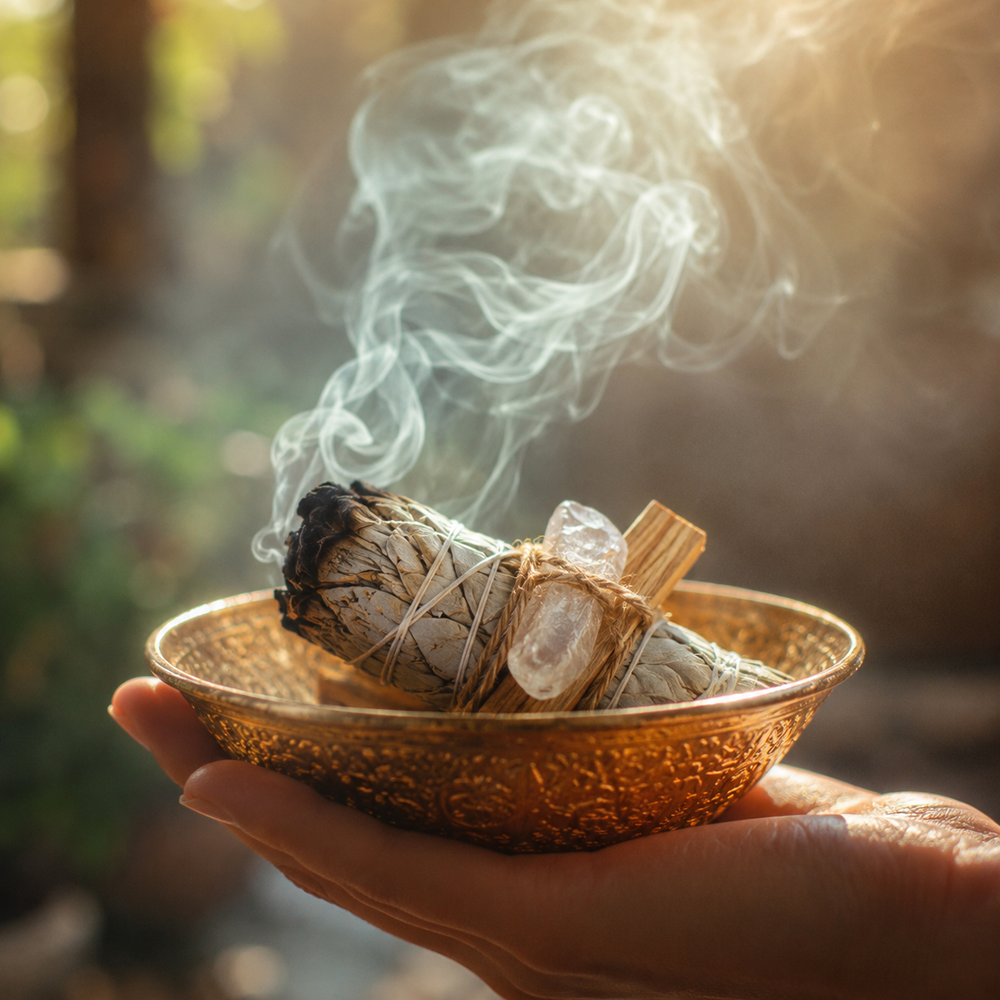White sage, palo santo, and natural crystal resting in a golden bowl with soft smoke, used for home energy cleansing rituals