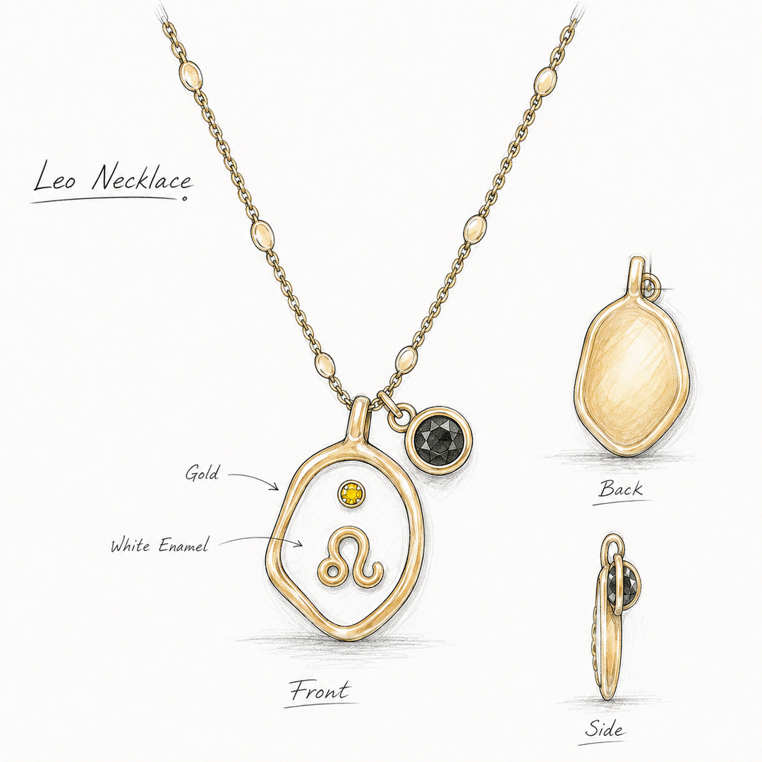 Hand-drawn jewelry design sketch of a Leo zodiac necklace with a gold chain, white enamel pendant, raised Leo symbol, yellow stone accent, and dark gemstone charm.