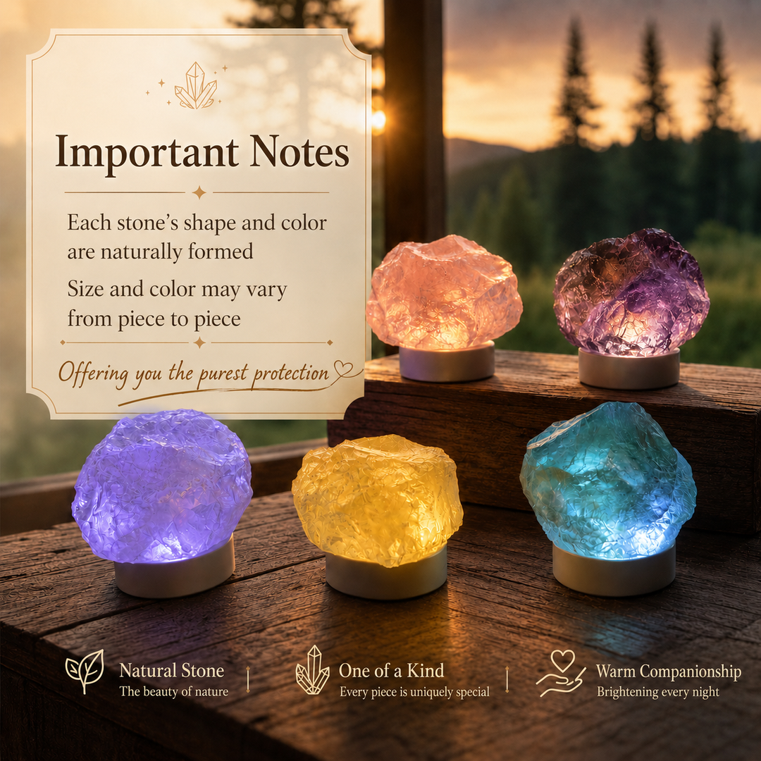 Important notes for natural stone night lights showing that each stone’s shape, size, and color may naturally vary