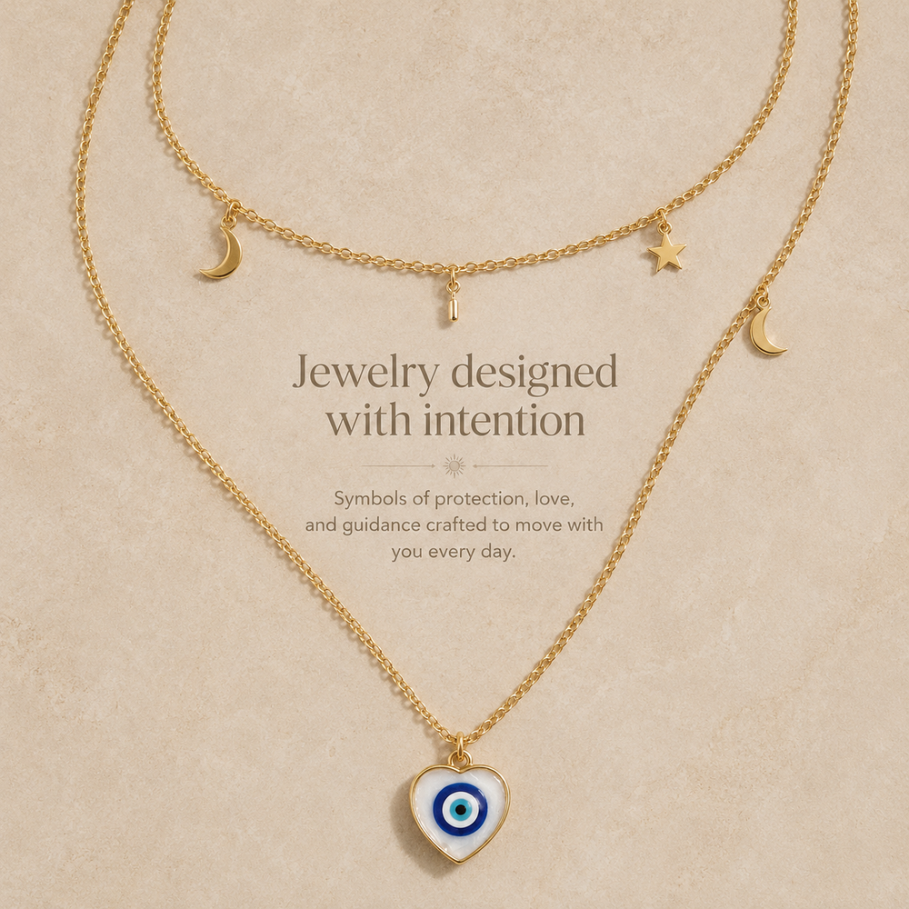 Gold NFC evil eye necklace with moon and star charms on a beige product background.