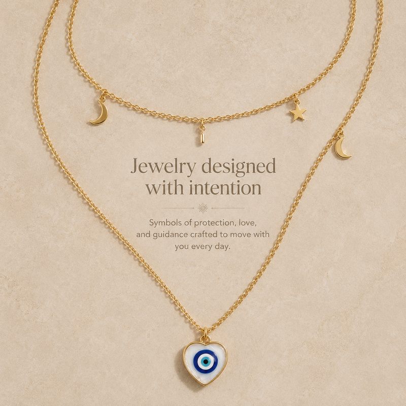 Gold NFC evil eye necklace with moon and star charms on a beige product background.
