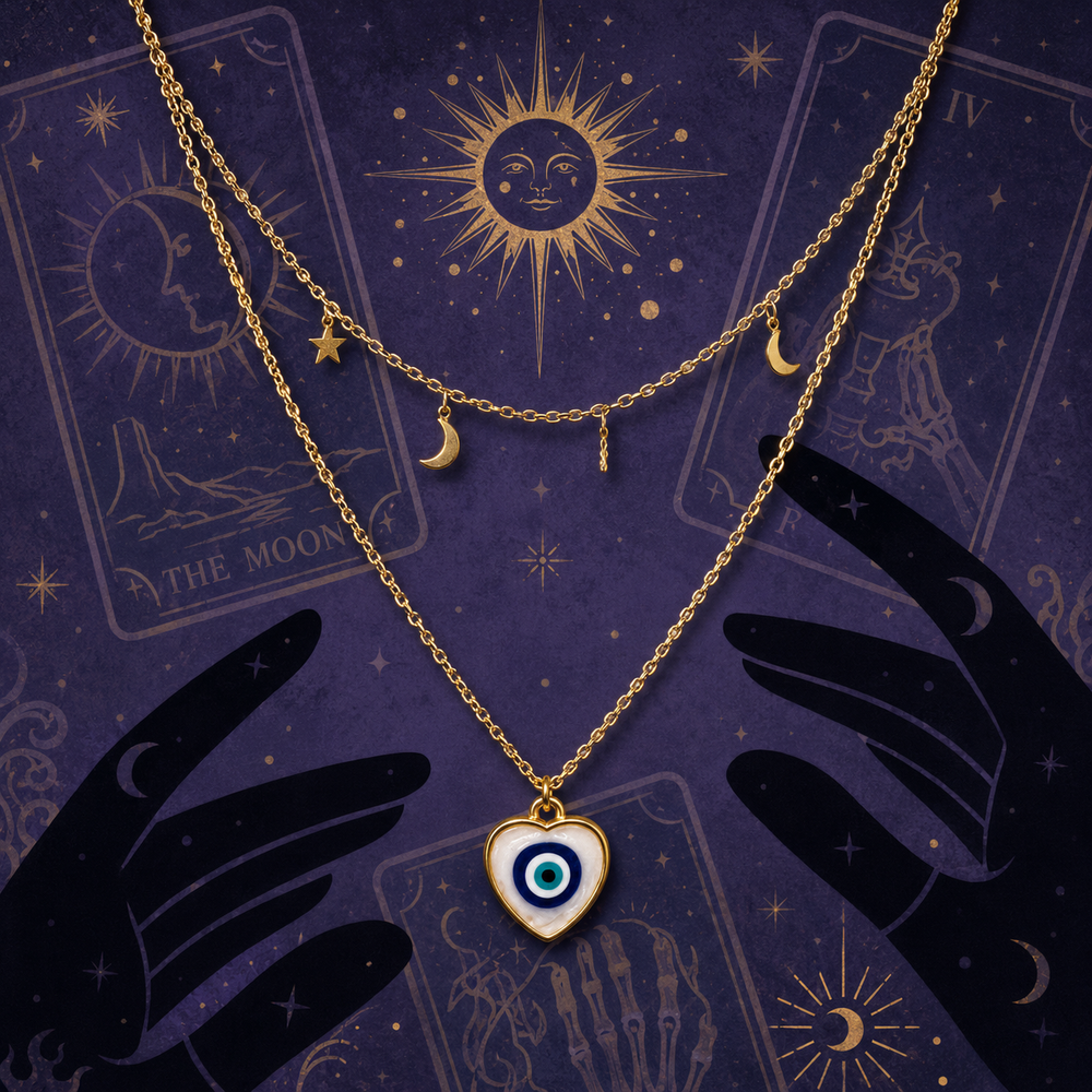 Gold NFC evil eye necklace displayed on a purple tarot-inspired background.