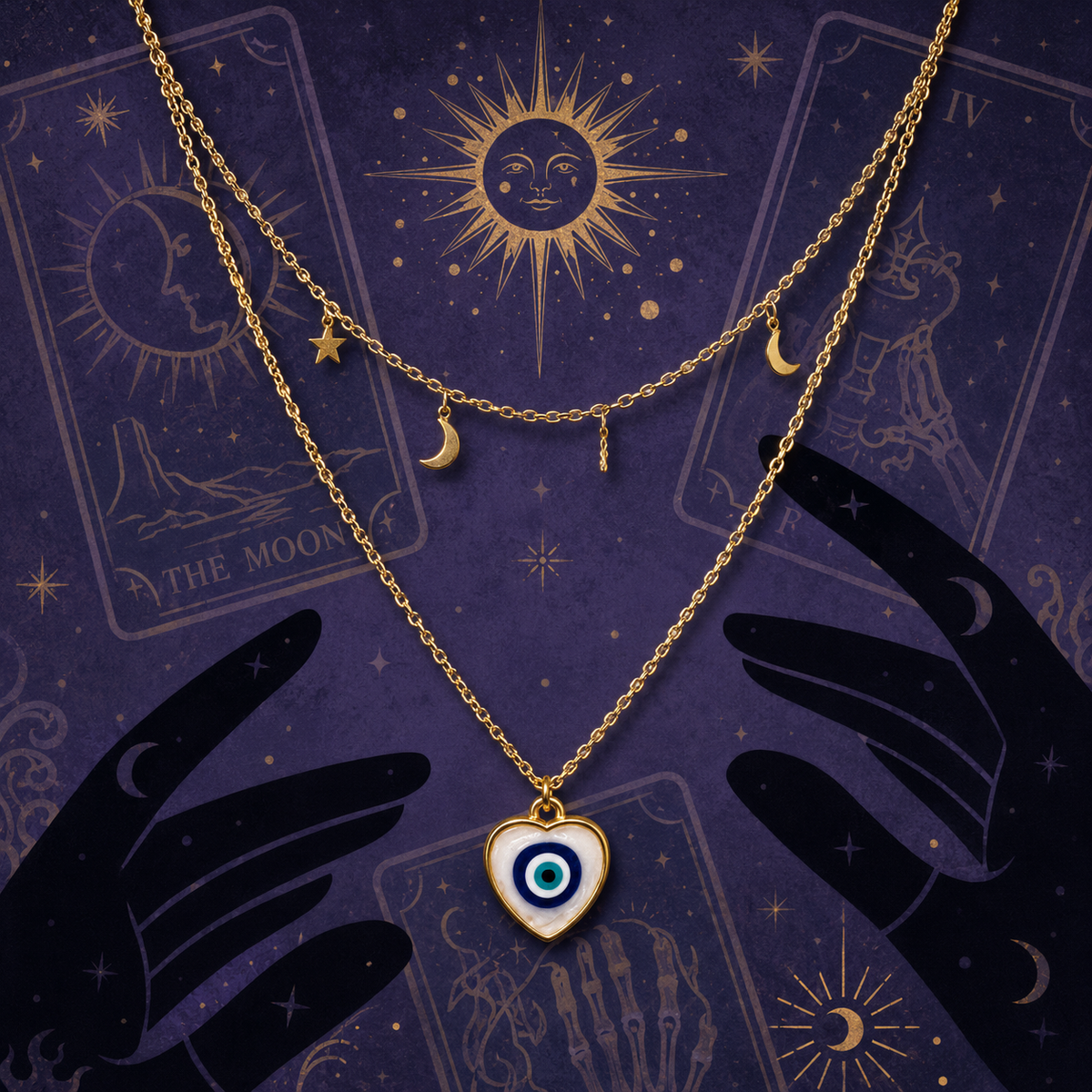 Gold NFC evil eye necklace displayed on a purple tarot-inspired background.