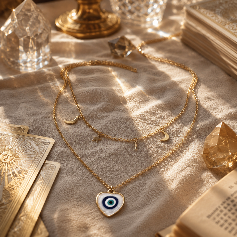 Gold NFC evil eye necklace displayed with tarot cards, crystals, and warm light.