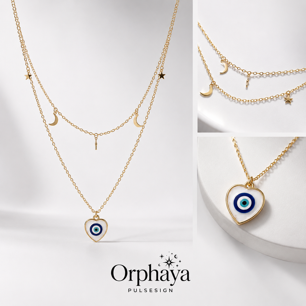 Orphaya NFC evil eye necklace with gold layered chain, moon and star charms, displayed on a clean white background.