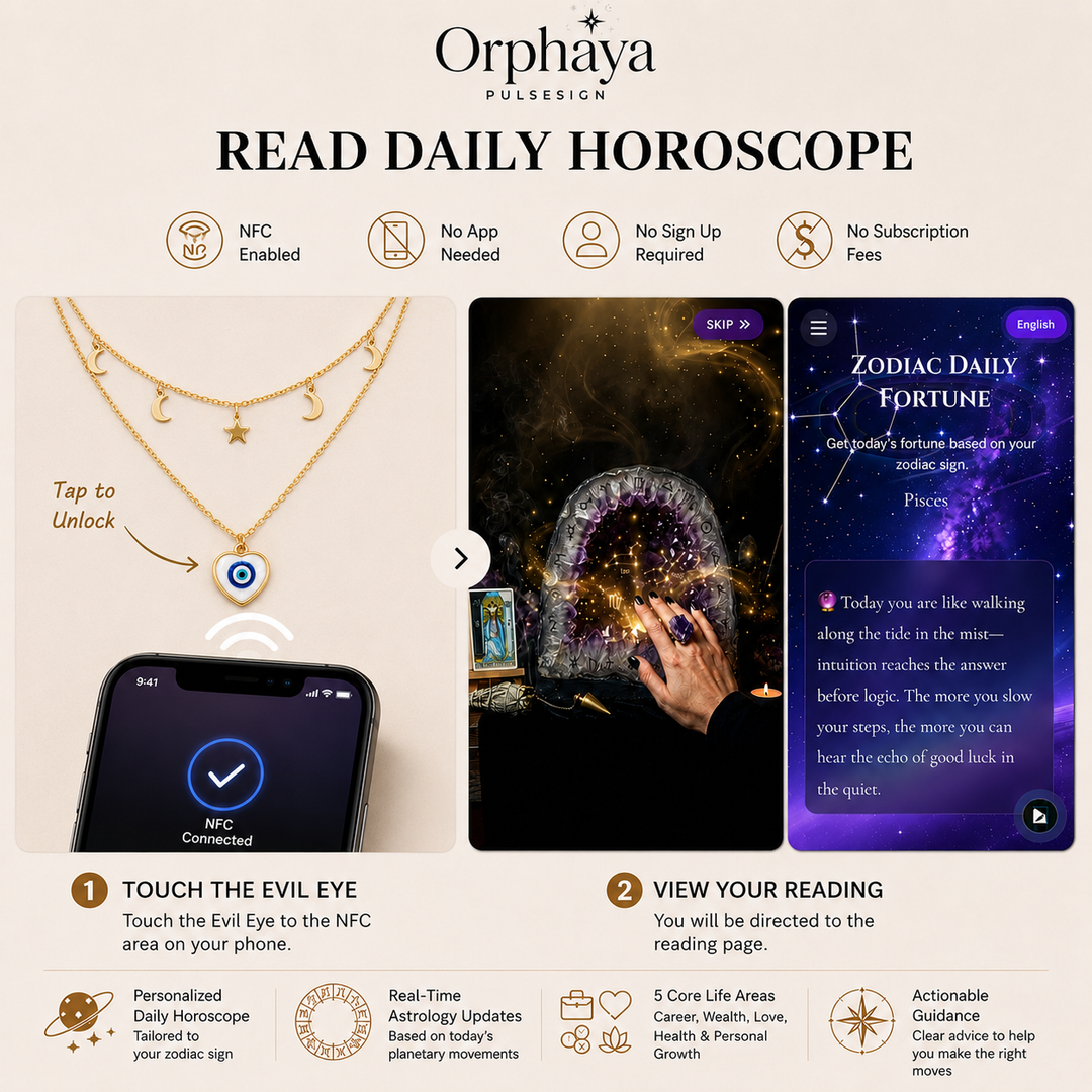 NFC zodiac necklace showing daily horoscope reading and app preview.