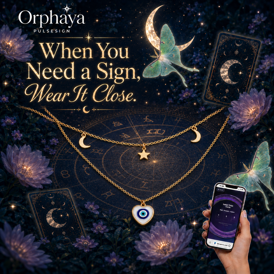 Mystical promotional image of a gold NFC evil eye necklace with moon and star charms, surrounded by celestial elements and a phone displaying a tarot reading.