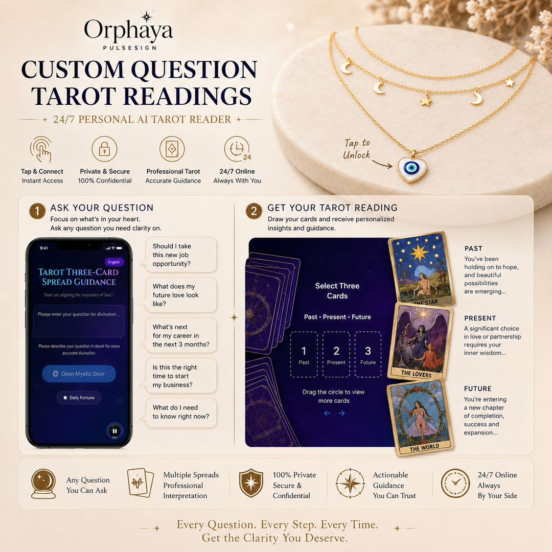 NFC zodiac necklace with custom tarot reading steps and app interface.