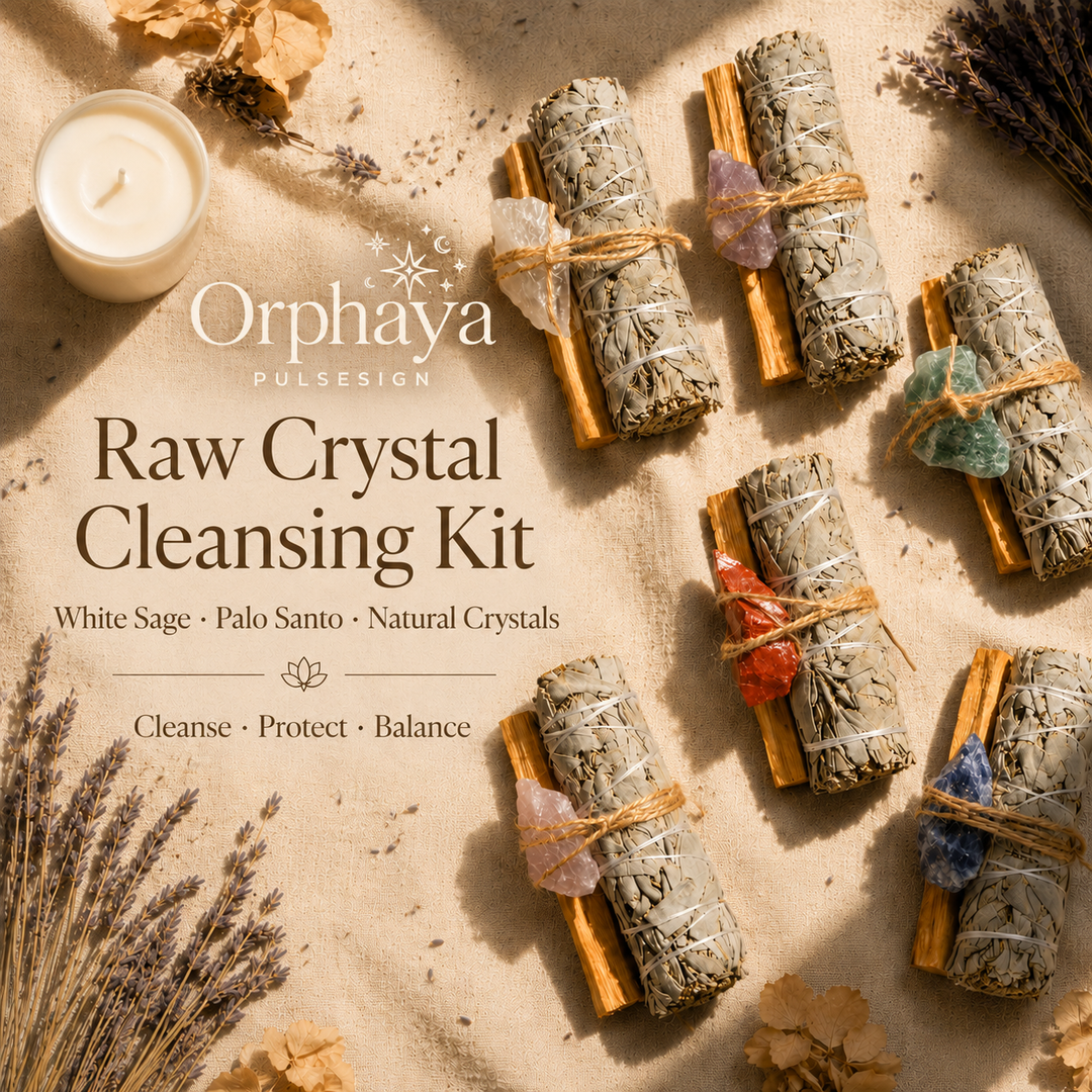 Orphaya Raw Crystal Cleansing Kit featuring white sage bundles, palo santo sticks, and natural crystals on a warm beige ritual-style background, designed for cleansing, protection, and balance.