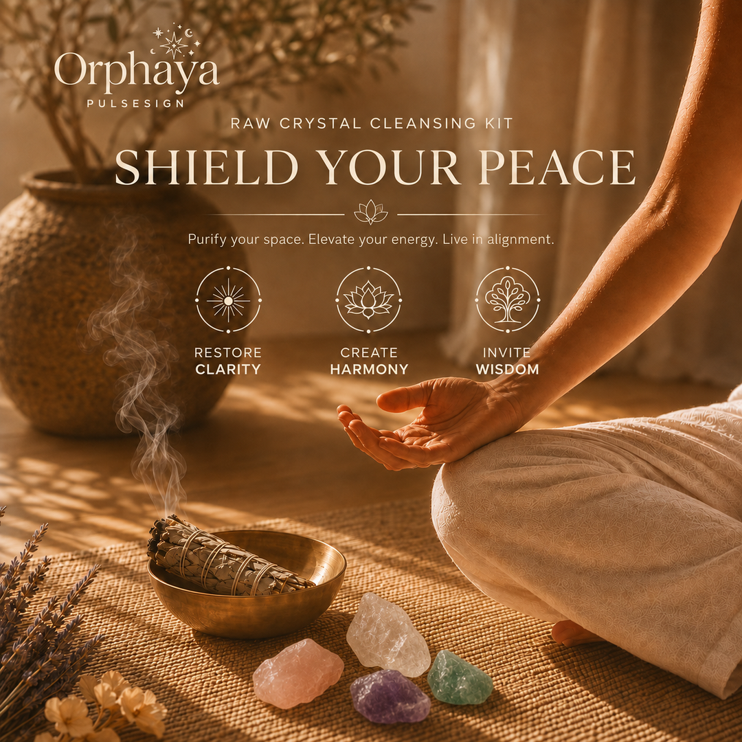 Orphaya Raw Crystal Cleansing Kit with burning white sage, natural crystals, and meditation scene for clarity, harmony, wisdom, and peaceful energy cleansing.
