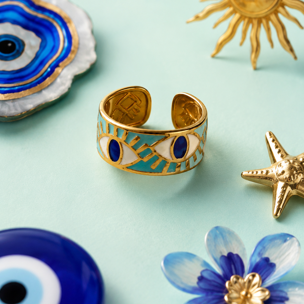 Orphaya turquoise and gold evil eye ring displayed on a soft mint-green background, featuring white and deep blue eye motifs.