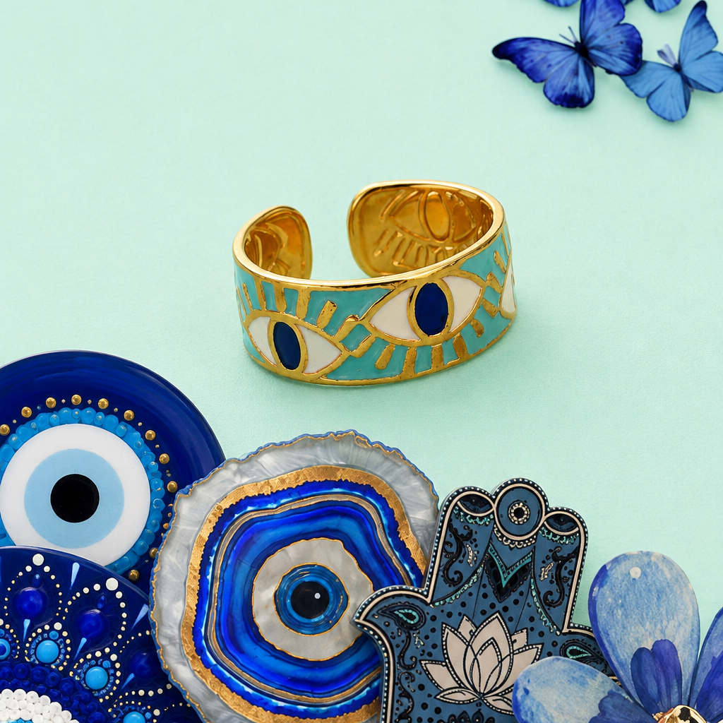 Orphaya turquoise and gold evil eye ring displayed on a soft mint-green background, featuring white and deep blue eye motifs.
