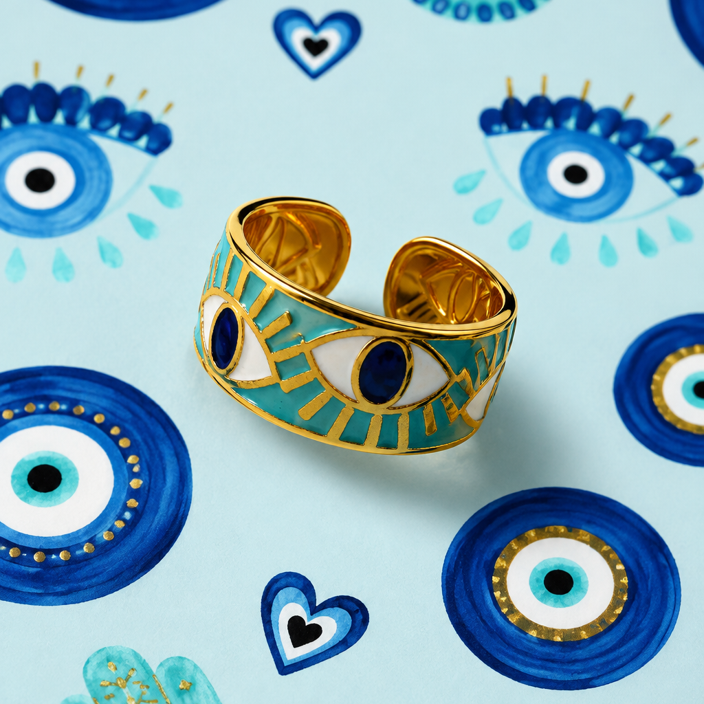 Orphaya turquoise and gold evil eye ring displayed on a soft mint-green background, featuring white and deep blue eye motifs.