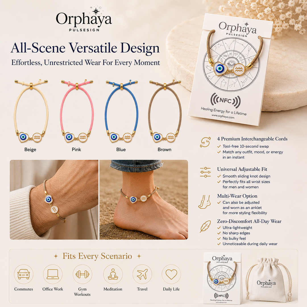 Orphaya zodiac bracelet with interchangeable cords shown for daily wear, travel, work, meditation, and styling
