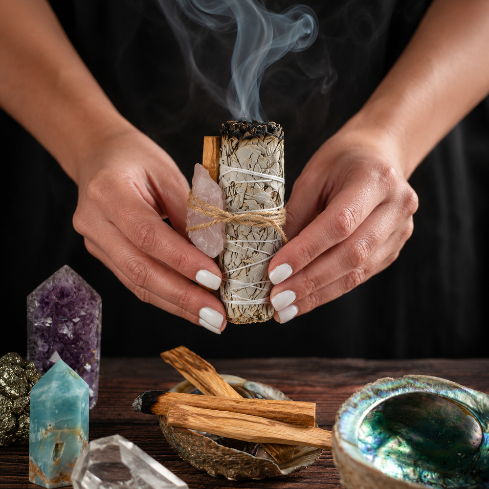 Hands holding a smoking white sage cleansing bundle with palo santo and rose quartz, surrounded by crystals and ritual tools.