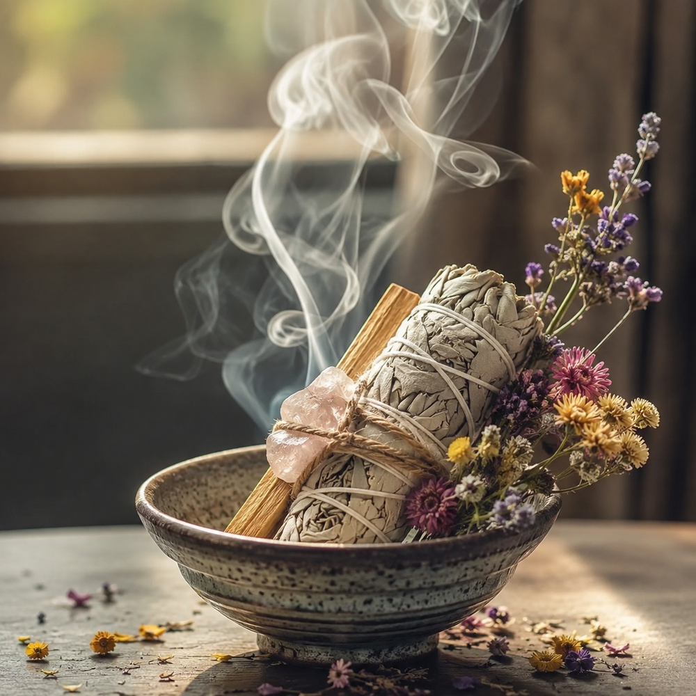 Raw Crystal Cleansing Kit with white sage, palo santo, natural crystal, dried flowers, and rising smoke in a ceramic bowl.