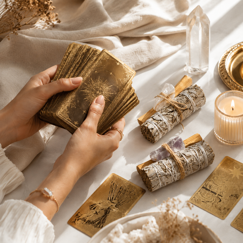 Raw Crystal Cleansing Kit placed beside tarot cards, candles, clear quartz, and soft sunlight for a peaceful spiritual ritual.