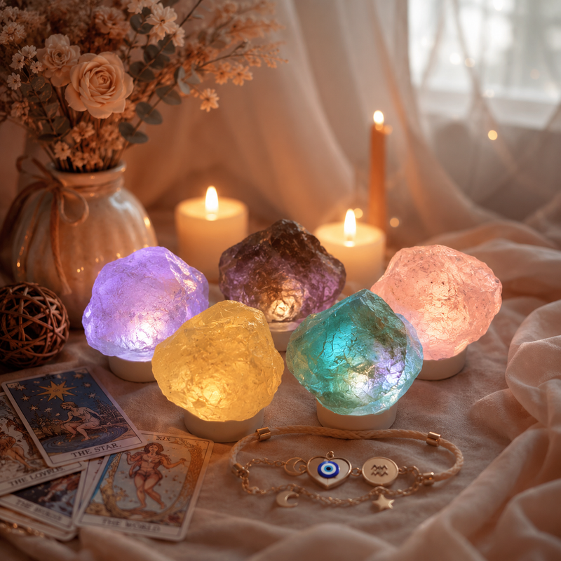 Raw crystal glow lamps arranged with tarot cards, candles, flowers, and jewelry for a magical gift and bedroom decor scene.