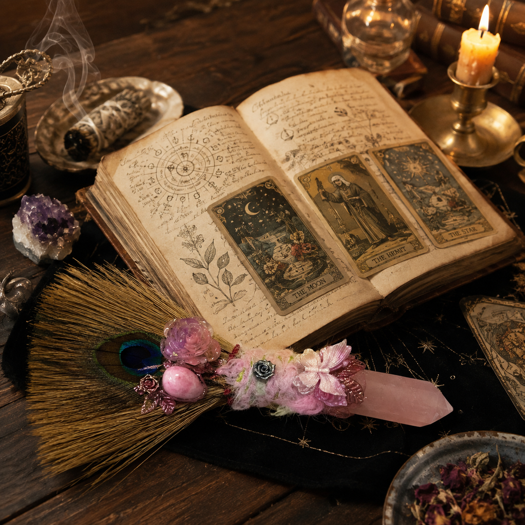 Rose quartz ritual besom placed near an open mystic journal, tarot cards, sage, candlelight, and crystal altar tools.