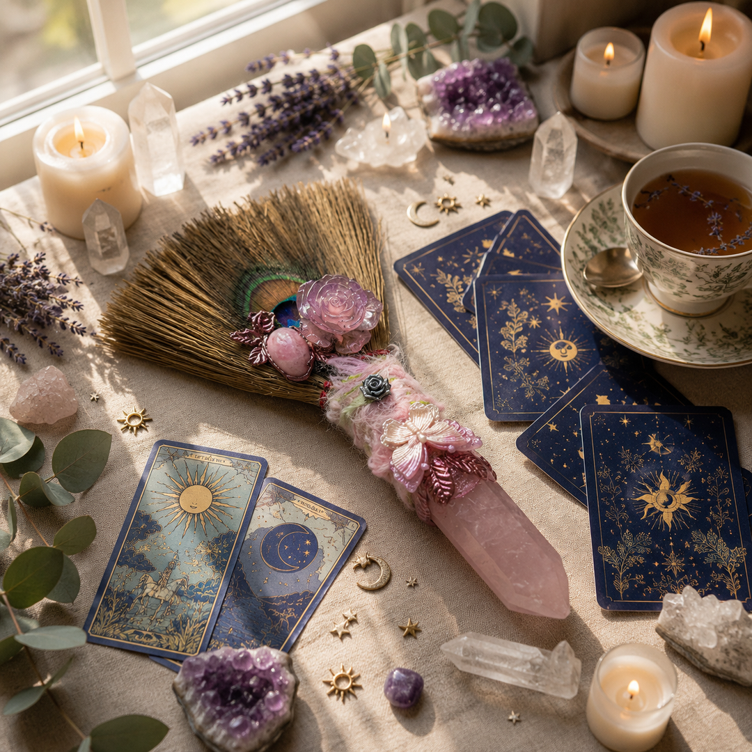 Rose quartz ritual besom styled with tarot cards, lavender, crystals, candles, and a peaceful spiritual reading setup.