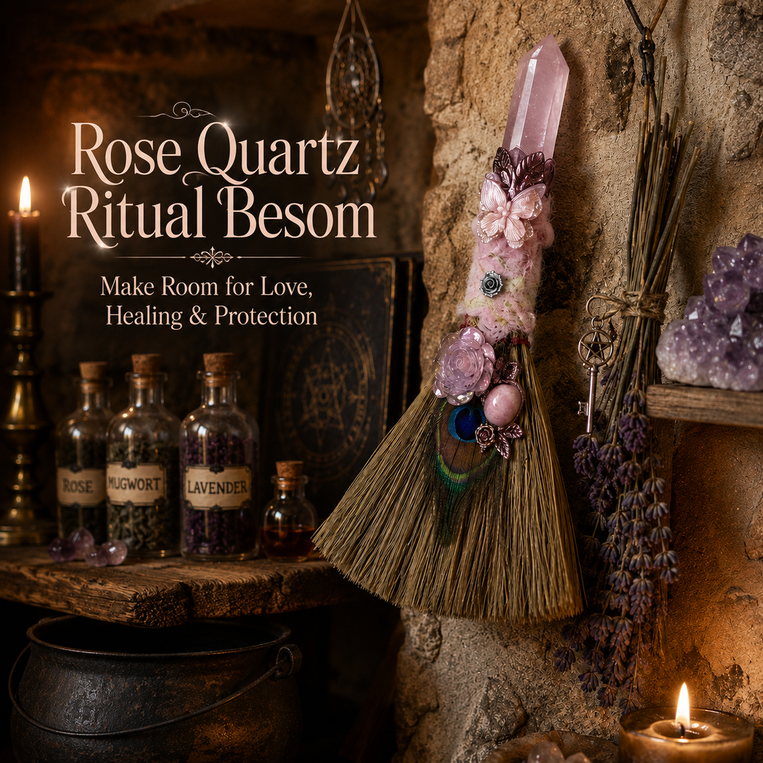 Handmade rose quartz ritual besom with peacock feather, butterfly charm, and floral details displayed on a mystical candlelit altar for love, healing, and protection.
