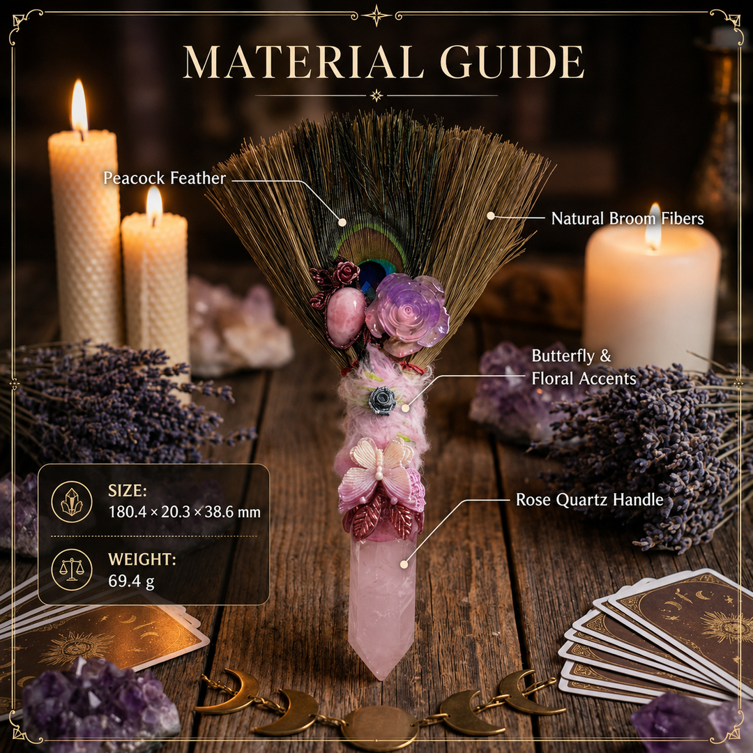 Rose Quartz ritual besom material guide featuring a rose quartz handle, peacock feather, natural broom fibers, butterfly and floral accents, with size and weight details.
