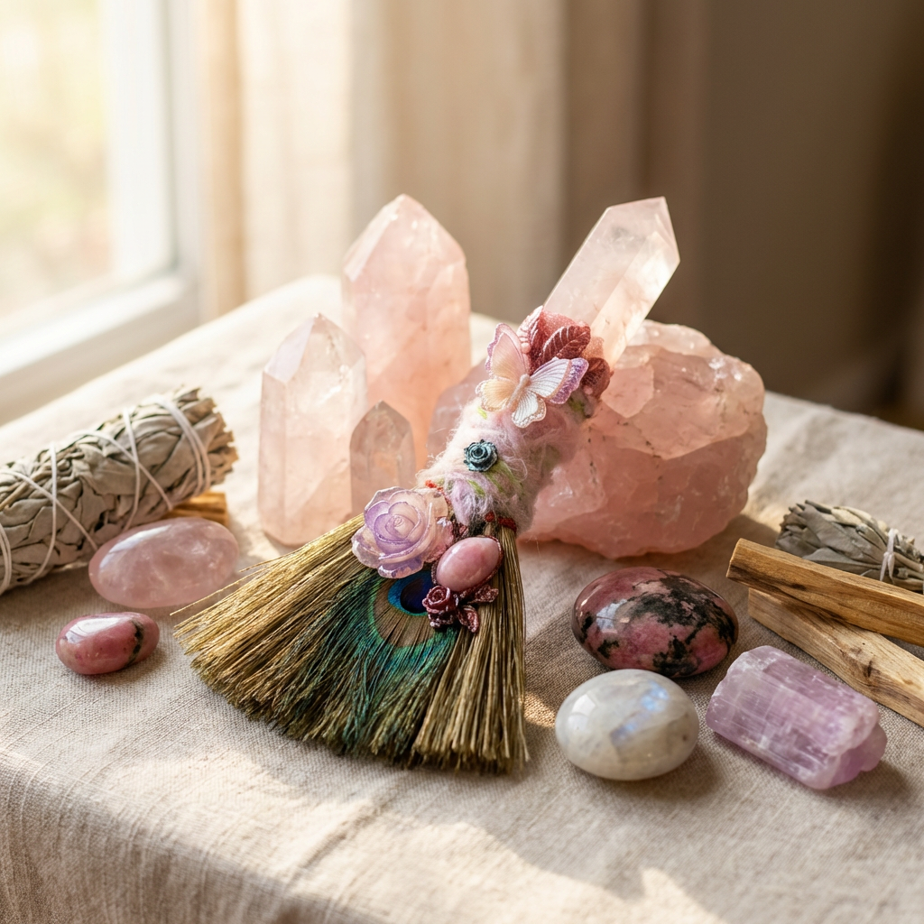 Rose quartz ritual besom placed on a starry blue tarot cloth with lavender, crystals, candles, and spiritual tools.
