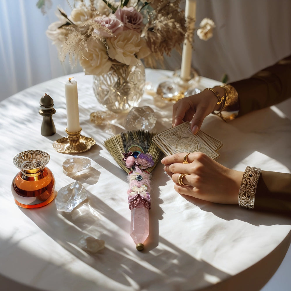 Rose quartz ritual besom displayed on a tarot altar with candles, crystals, herbs, and mystical ritual decor.