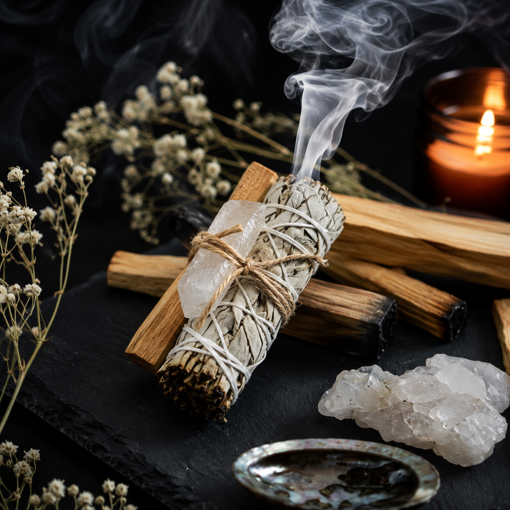 Smoking white sage bundle with palo santo, clear quartz, dried flowers, abalone shell, and candle on a dark ritual table.