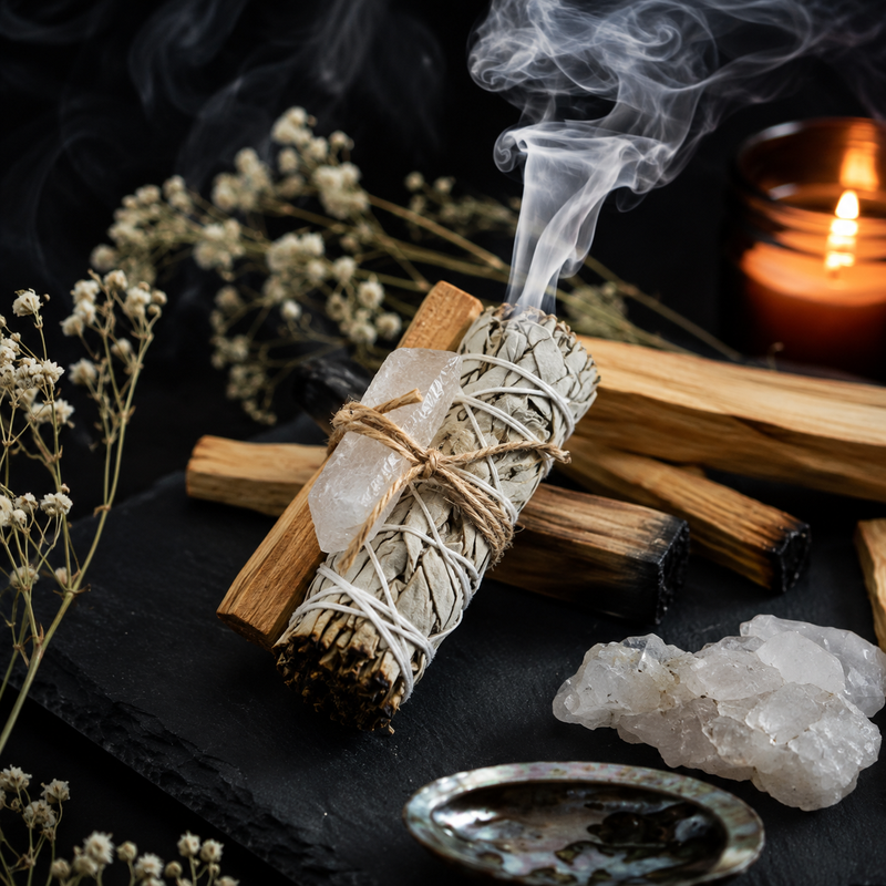 Smoking white sage bundle with palo santo, clear quartz, dried flowers, abalone shell, and candle on a dark ritual table.