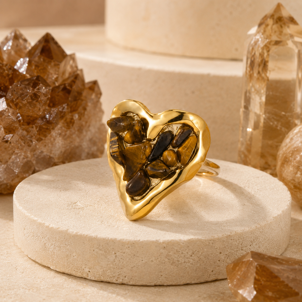 Orphaya gold heart ring featuring rich brown tiger’s eye crystal chips with natural golden banding.