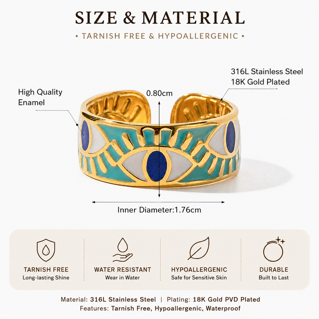 Size and material guide for a gold-tone turquoise evil eye titanium steel ring with adjustable open design, 0.80 cm width, 1.76 cm inner diameter, 3.0 g weight, and tarnish-resistant stainless steel details.