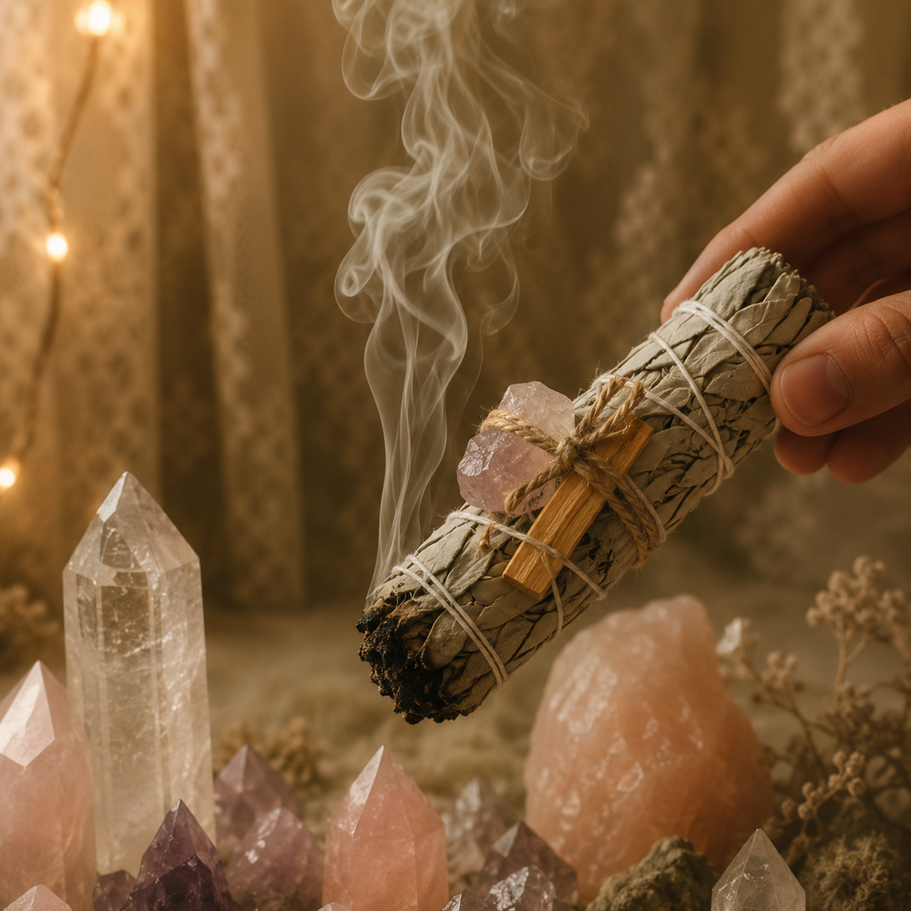 White sage, palo santo, and natural crystal used in a cleansing ritual with smoke rising over rose quartz and clear quartz crystals.
